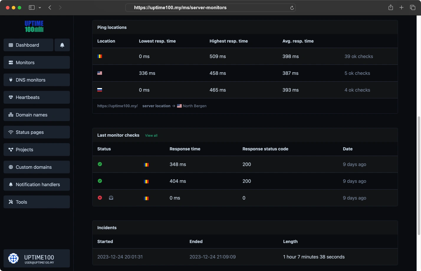 Screenshot of the app monitors incidents page